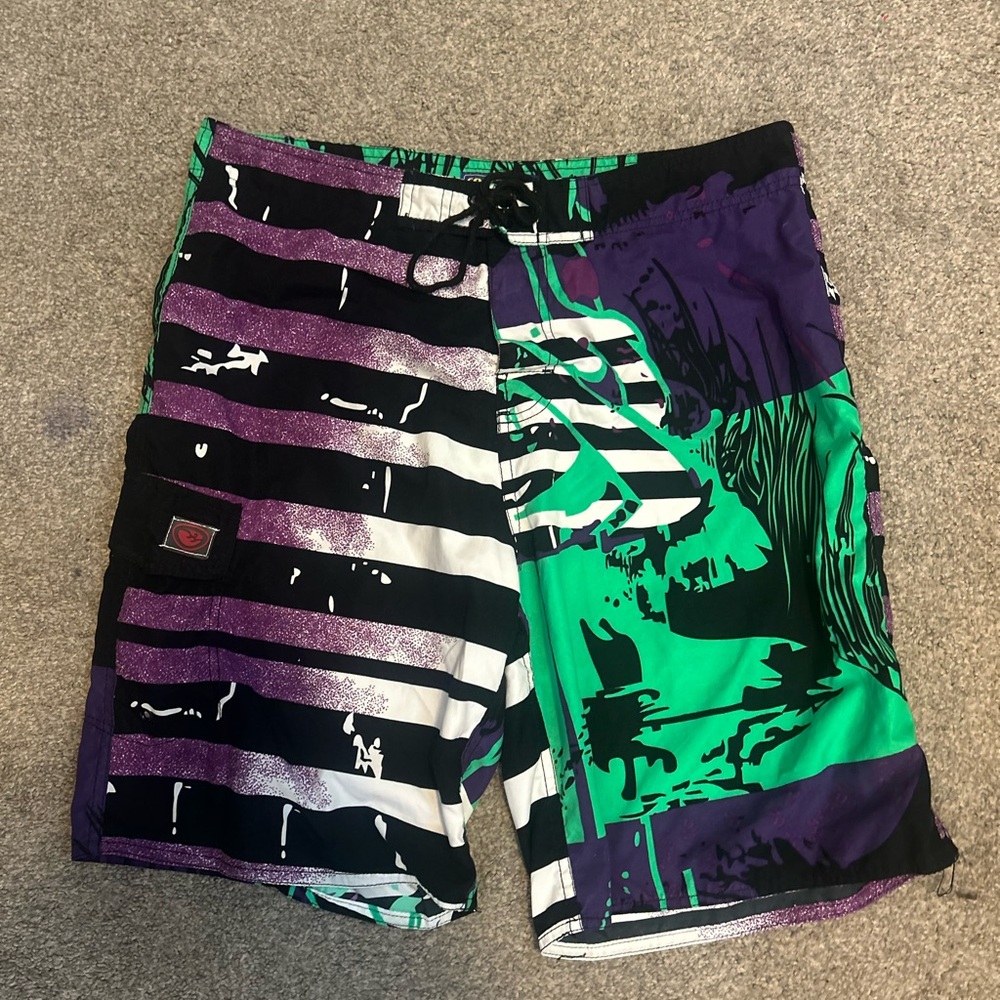 Vibrant Purple and Green Men's Swim Board Shorts